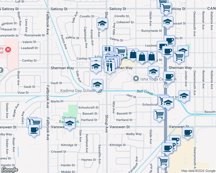 map of restaurants, bars, coffee shops, grocery stores, and more near 7060 Shoup Avenue in Los Angeles