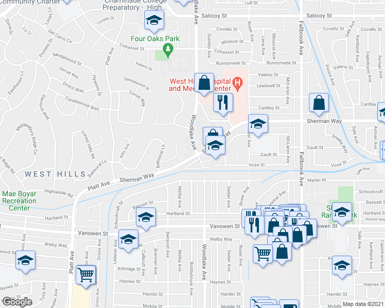map of restaurants, bars, coffee shops, grocery stores, and more near 23201 West Canterbury Way in Los Angeles