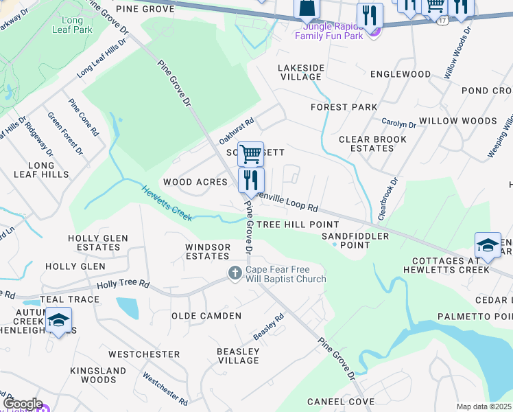 map of restaurants, bars, coffee shops, grocery stores, and more near 5020-5098 Hewletts Way in Wilmington