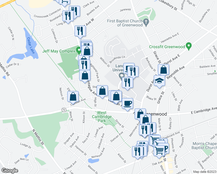map of restaurants, bars, coffee shops, grocery stores, and more near 424 Stanley Avenue in Greenwood