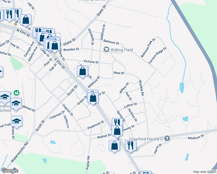 map of restaurants, bars, coffee shops, grocery stores, and more near 162 Ashford Lane in Commerce