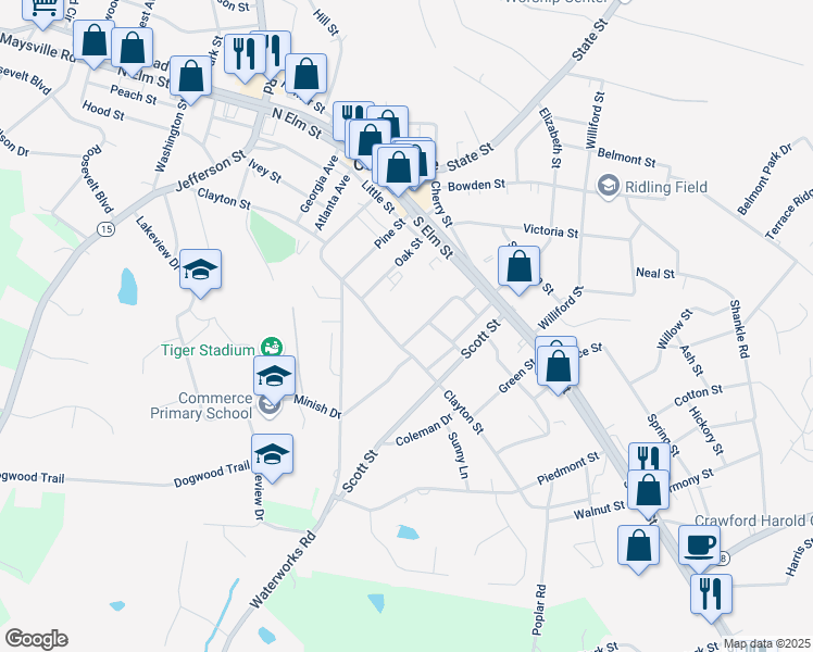 map of restaurants, bars, coffee shops, grocery stores, and more near 200 College Avenue in Commerce