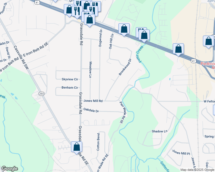 map of restaurants, bars, coffee shops, grocery stores, and more near 6 Brookwood Drive in Cartersville
