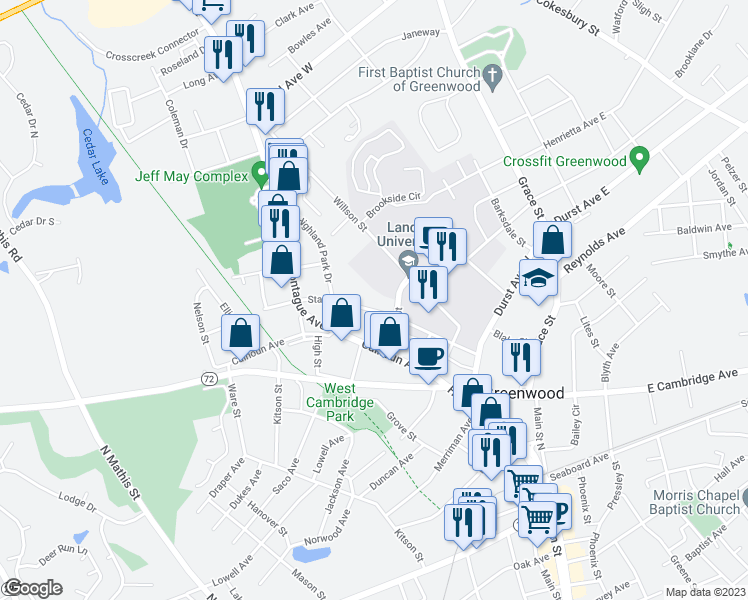 map of restaurants, bars, coffee shops, grocery stores, and more near 424 Stanley Avenue in Greenwood