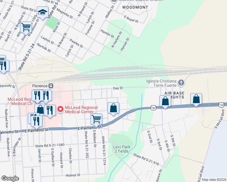 map of restaurants, bars, coffee shops, grocery stores, and more near 106 Heard Street in Florence