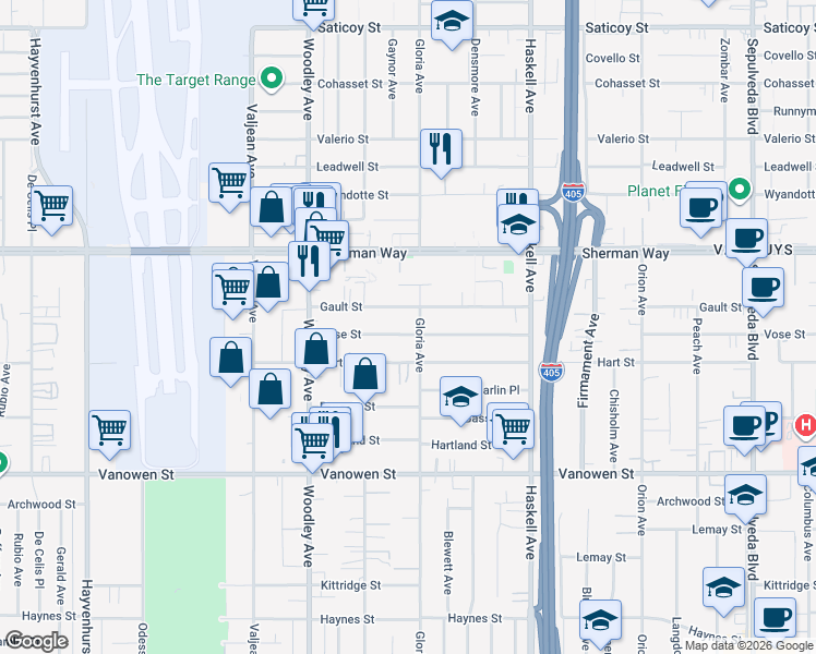 map of restaurants, bars, coffee shops, grocery stores, and more near 15931 Vose Street in Los Angeles