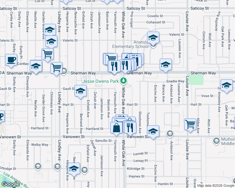 map of restaurants, bars, coffee shops, grocery stores, and more near 7034 Yarmouth Avenue in Los Angeles