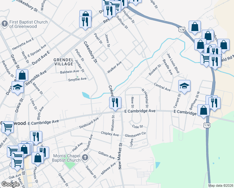 map of restaurants, bars, coffee shops, grocery stores, and more near in Greenwood