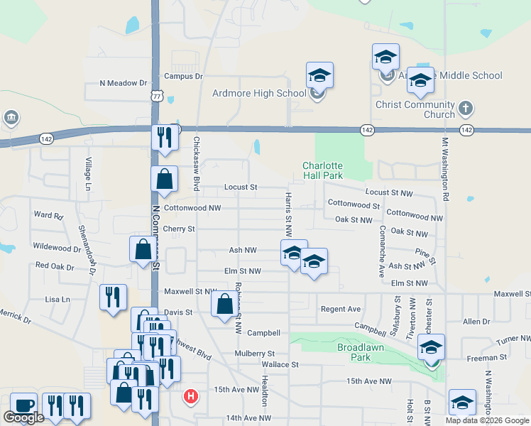 map of restaurants, bars, coffee shops, grocery stores, and more near 804 Cottonwood Street in Ardmore
