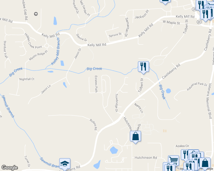 map of restaurants, bars, coffee shops, grocery stores, and more near 3538 Village Enclave Lane in Cumming