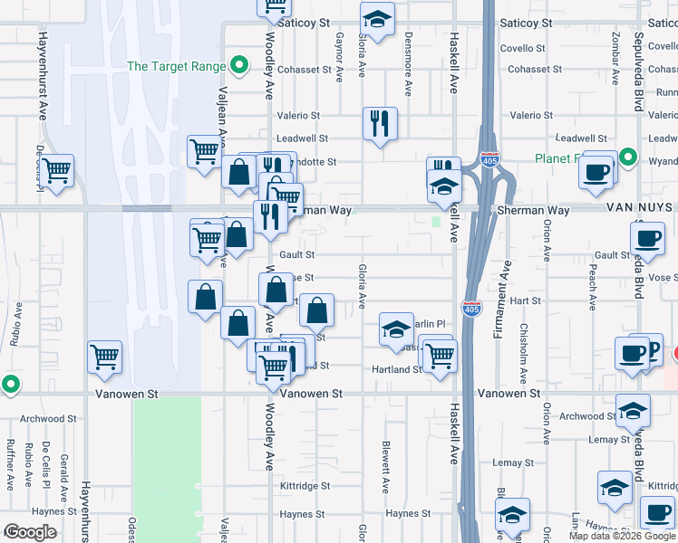 map of restaurants, bars, coffee shops, grocery stores, and more near 15931 Vose Street in Los Angeles