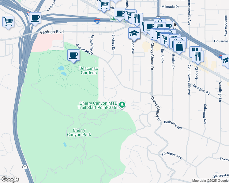 map of restaurants, bars, coffee shops, grocery stores, and more near 1304 Padres Trail in La Cañada Flintridge