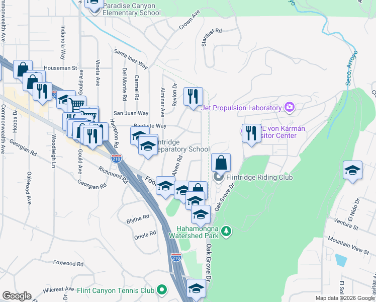 map of restaurants, bars, coffee shops, grocery stores, and more near 4618 Alveo Road in La Cañada Flintridge
