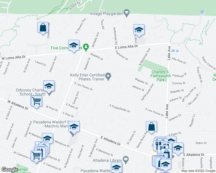 map of restaurants, bars, coffee shops, grocery stores, and more near 3234 North Raymond Avenue in Altadena