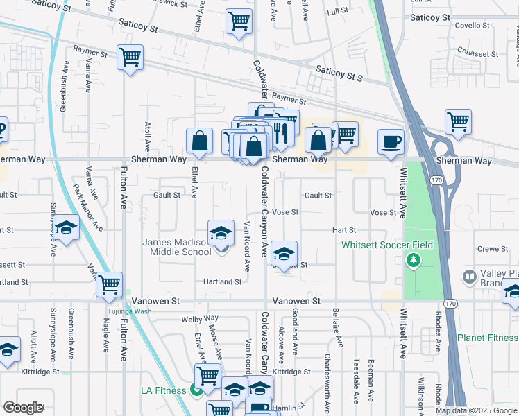 map of restaurants, bars, coffee shops, grocery stores, and more near 7041 Coldwater Canyon Avenue in Los Angeles