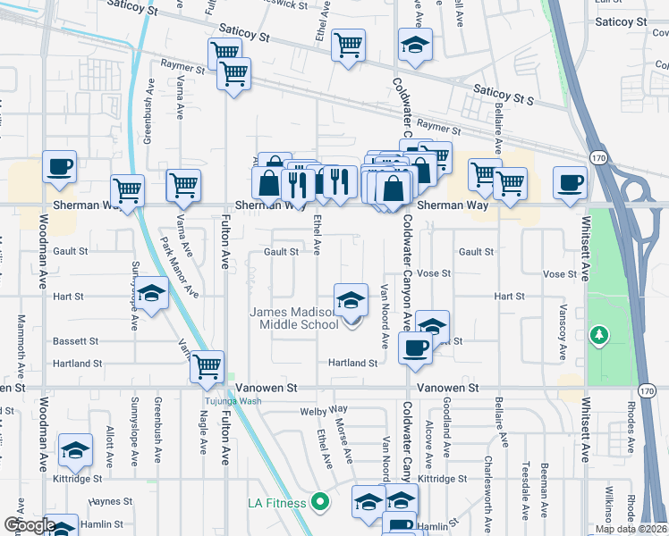 map of restaurants, bars, coffee shops, grocery stores, and more near 7039 Wortser Avenue in Los Angeles
