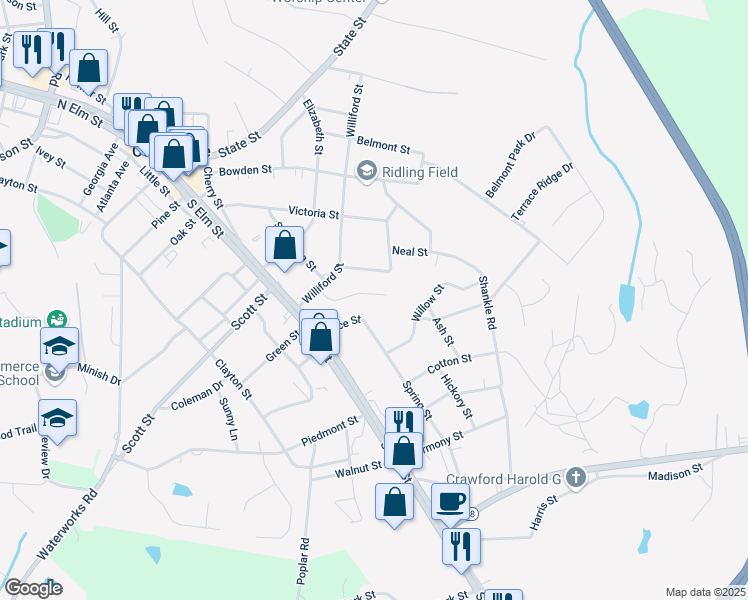 map of restaurants, bars, coffee shops, grocery stores, and more near 162 Ashford Lane in Commerce
