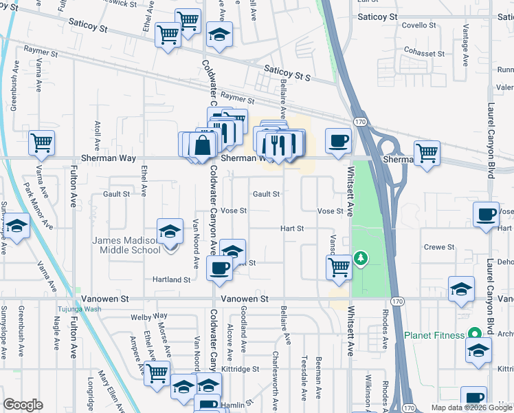 map of restaurants, bars, coffee shops, grocery stores, and more near 7028 Goodland Avenue in Los Angeles