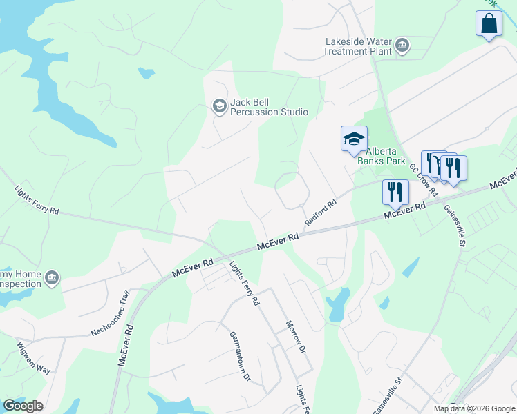 map of restaurants, bars, coffee shops, grocery stores, and more near 5726 Garden Walk in Flowery Branch