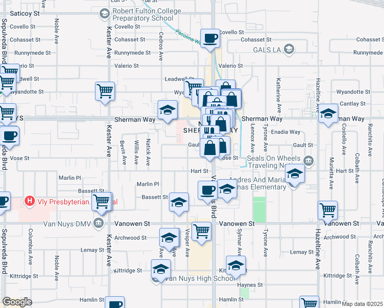map of restaurants, bars, coffee shops, grocery stores, and more near 14551 Vose Street in Los Angeles