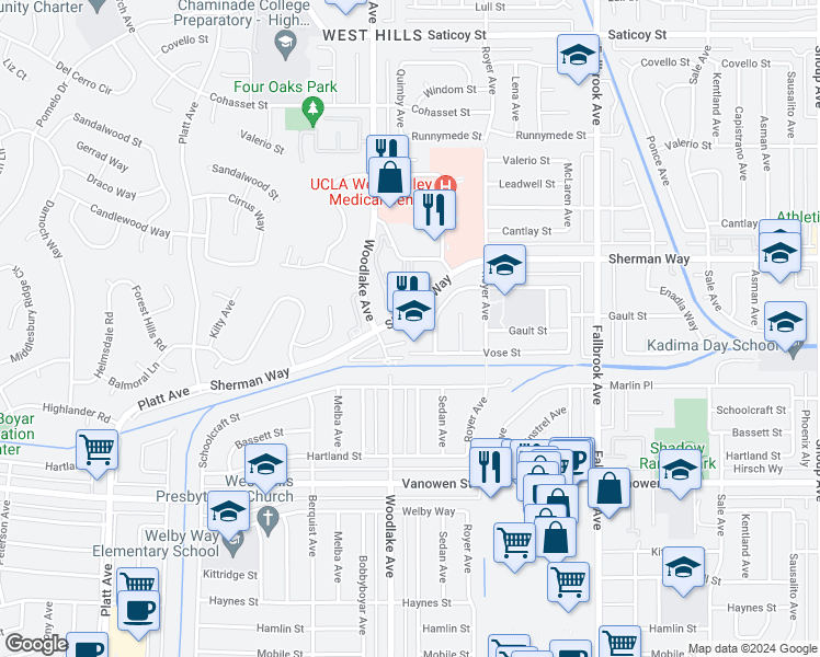 map of restaurants, bars, coffee shops, grocery stores, and more near 23130 Sherman Way in Los Angeles
