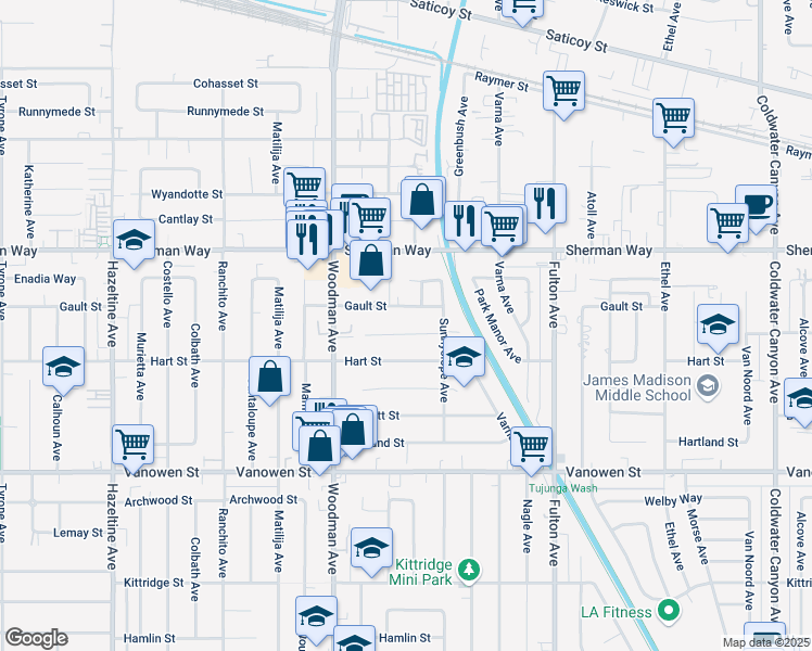 map of restaurants, bars, coffee shops, grocery stores, and more near 13530 Vose Street in Los Angeles