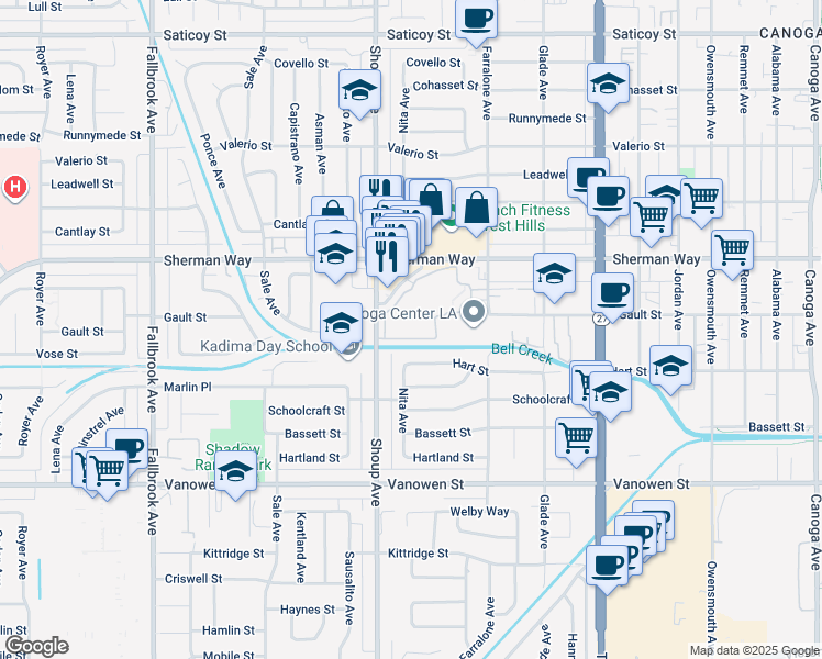 map of restaurants, bars, coffee shops, grocery stores, and more near 7050 Shoup Avenue in Los Angeles