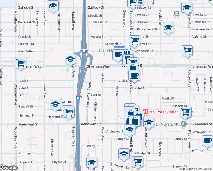 map of restaurants, bars, coffee shops, grocery stores, and more near 15447 Vose Street in Los Angeles