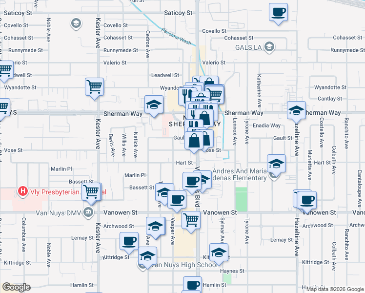 map of restaurants, bars, coffee shops, grocery stores, and more near 14531 Vose Street in Los Angeles