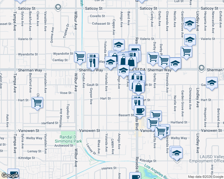 map of restaurants, bars, coffee shops, grocery stores, and more near 7029 Amigo Avenue in Los Angeles