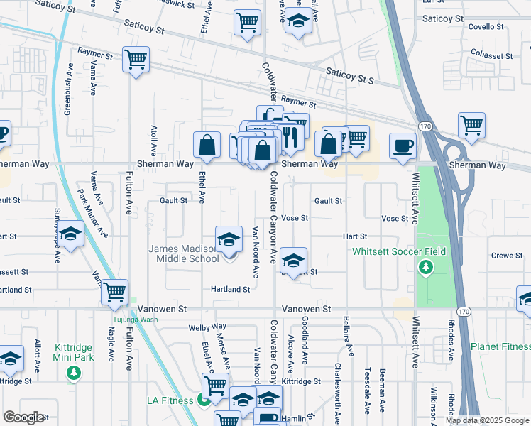 map of restaurants, bars, coffee shops, grocery stores, and more near 7041 Coldwater Canyon Avenue in Los Angeles