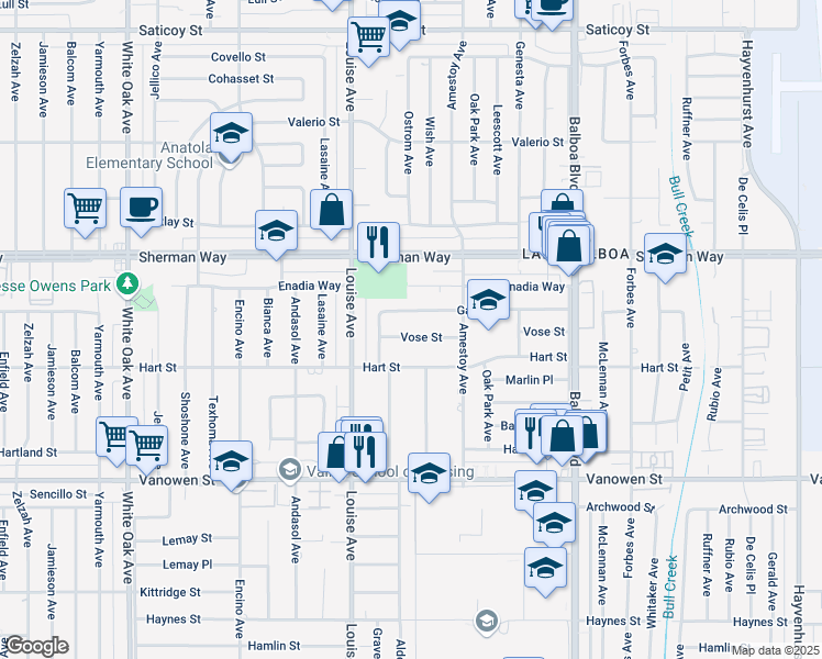 map of restaurants, bars, coffee shops, grocery stores, and more near 17157 Vose Street in Los Angeles