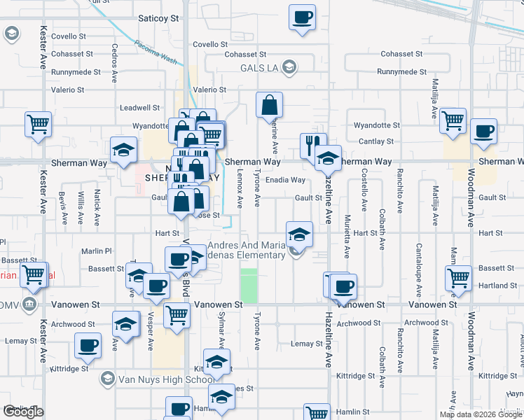 map of restaurants, bars, coffee shops, grocery stores, and more near 7040 Tyrone Avenue in Los Angeles