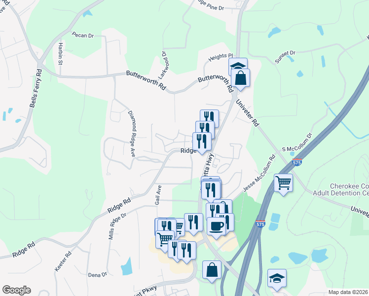map of restaurants, bars, coffee shops, grocery stores, and more near 1300 Alexander Trce in Canton