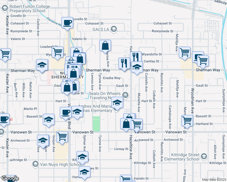 map of restaurants, bars, coffee shops, grocery stores, and more near 7041 Calhoun Avenue in Los Angeles