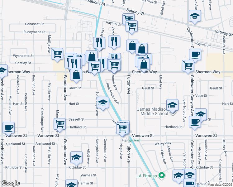 map of restaurants, bars, coffee shops, grocery stores, and more near 7045 Varna Avenue in Los Angeles