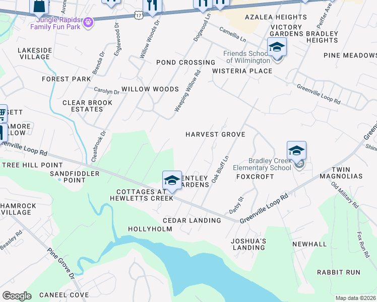 map of restaurants, bars, coffee shops, grocery stores, and more near 5724 Woodland Trce in Wilmington