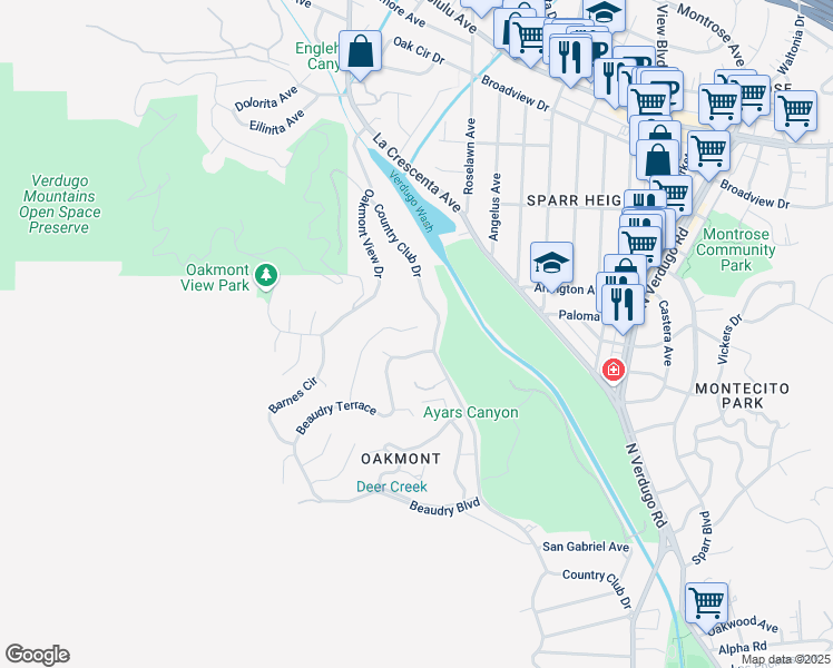 map of restaurants, bars, coffee shops, grocery stores, and more near 1393 Greenmont Drive in Glendale