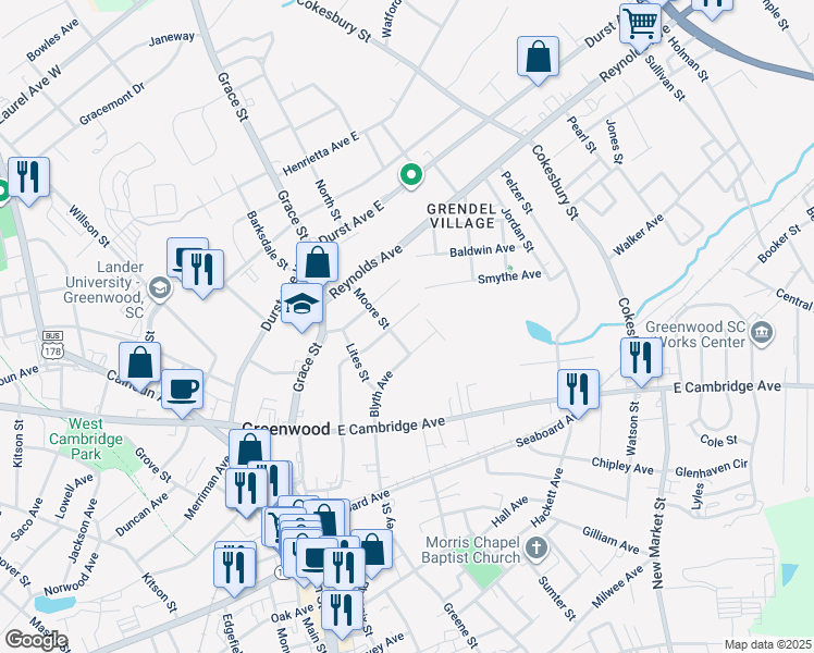 map of restaurants, bars, coffee shops, grocery stores, and more near 205 Blyth Avenue in Greenwood
