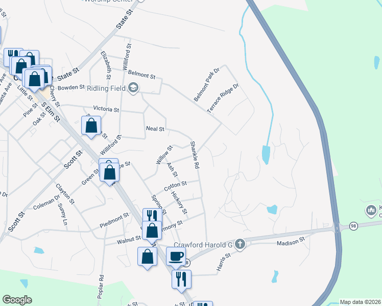 map of restaurants, bars, coffee shops, grocery stores, and more near 192 Nunn Street in Commerce