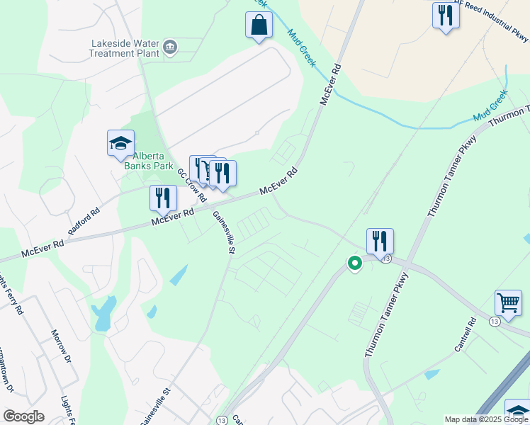 map of restaurants, bars, coffee shops, grocery stores, and more near 5440 McEver Road in Flowery Branch
