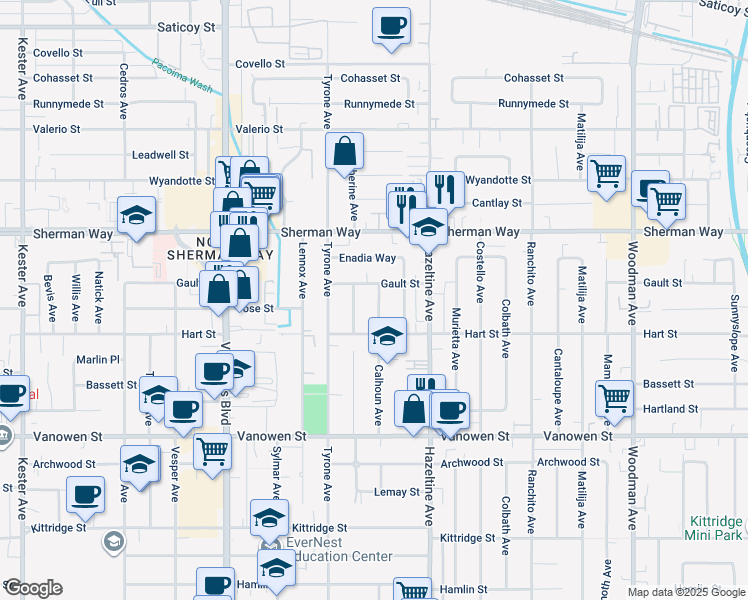 map of restaurants, bars, coffee shops, grocery stores, and more near 7041 Calhoun Avenue in Los Angeles