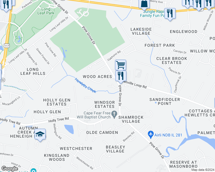 map of restaurants, bars, coffee shops, grocery stores, and more near 5001 Hewletts Way in Wilmington