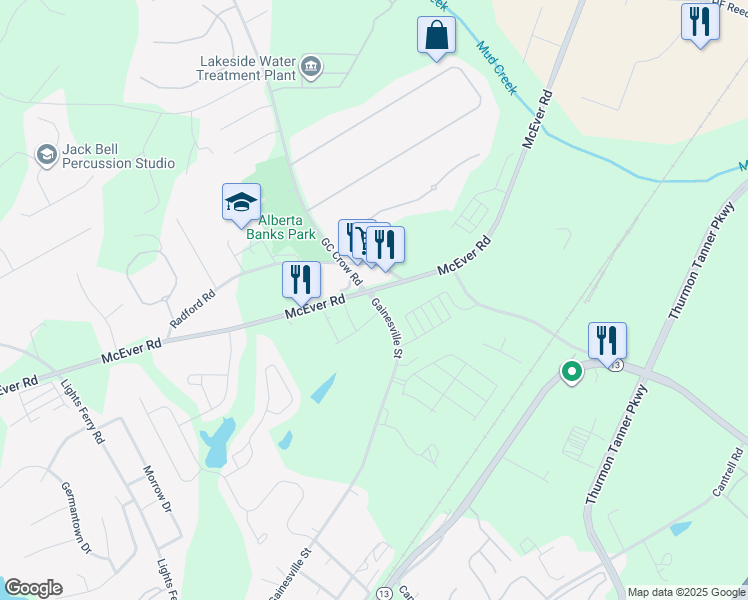 map of restaurants, bars, coffee shops, grocery stores, and more near 5201 Gainesville Street in Flowery Branch