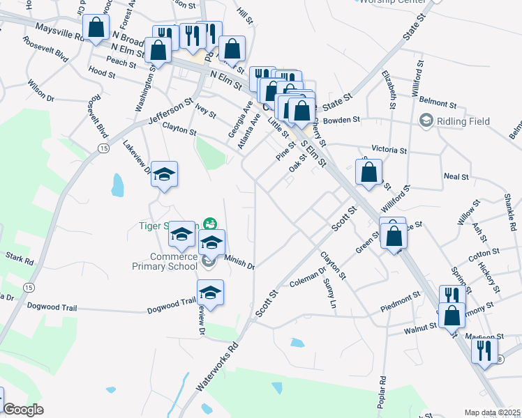 map of restaurants, bars, coffee shops, grocery stores, and more near 127 Waterworks Road in Commerce