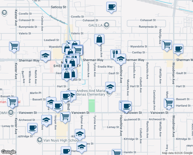 map of restaurants, bars, coffee shops, grocery stores, and more near 7040 Tyrone Avenue in Los Angeles