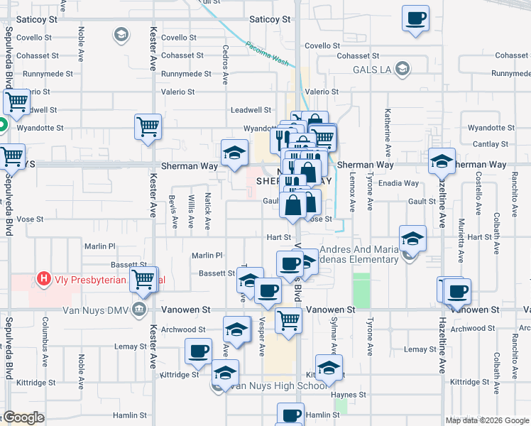 map of restaurants, bars, coffee shops, grocery stores, and more near 14551 Vose Street in Los Angeles