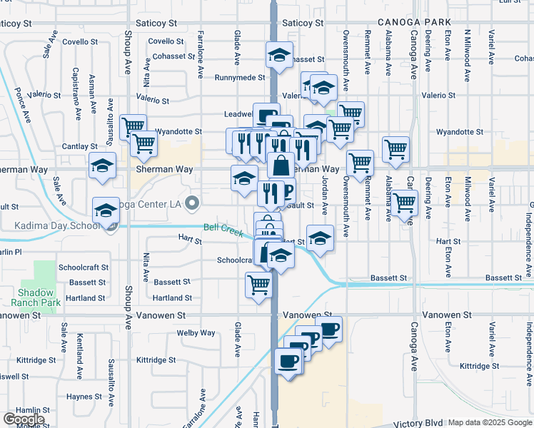map of restaurants, bars, coffee shops, grocery stores, and more near 7039 Topanga Canyon Boulevard in Los Angeles