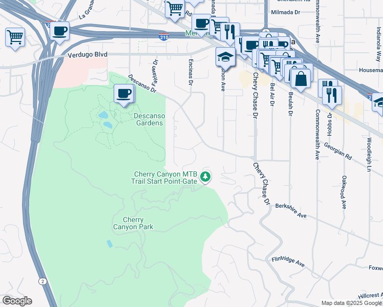 map of restaurants, bars, coffee shops, grocery stores, and more near 1304 Padres Trail in La Cañada Flintridge