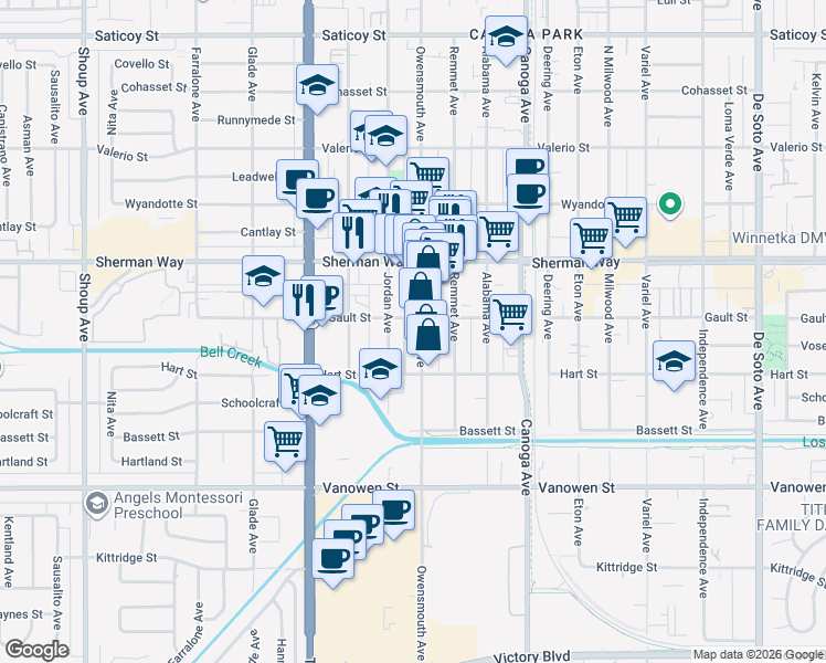 map of restaurants, bars, coffee shops, grocery stores, and more near 7041 Owensmouth Avenue in Los Angeles